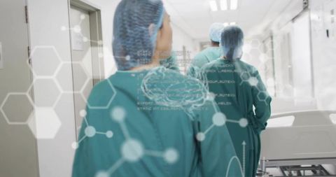 Surgical team walking down hospital corridor in teal scrubs with futuristic molecular overlay