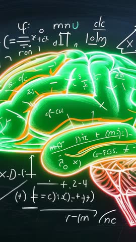 Glowing Neon Brain Over Chalkboard Equations Vertical Video for Neuroscience Education and Tech