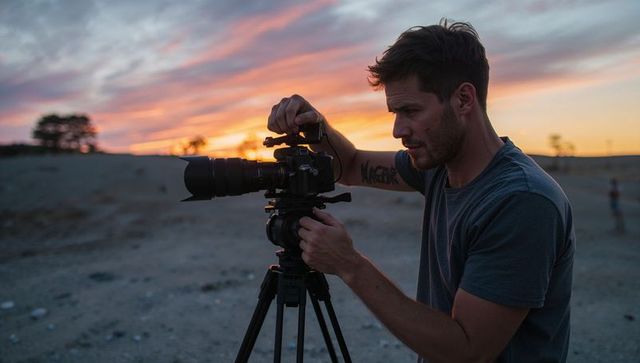 Photographer Adjusting Camera Near Stunning Sunset on Open Terrain