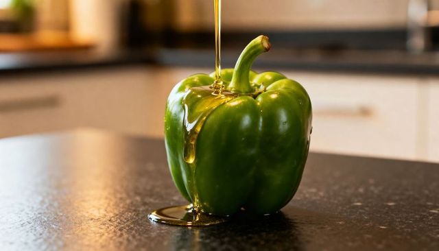 Golden oil drizzling over glossy green bell pepper on dark countertop