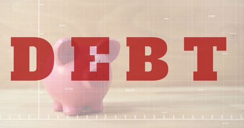 Debt concept with piggy bank and financial data