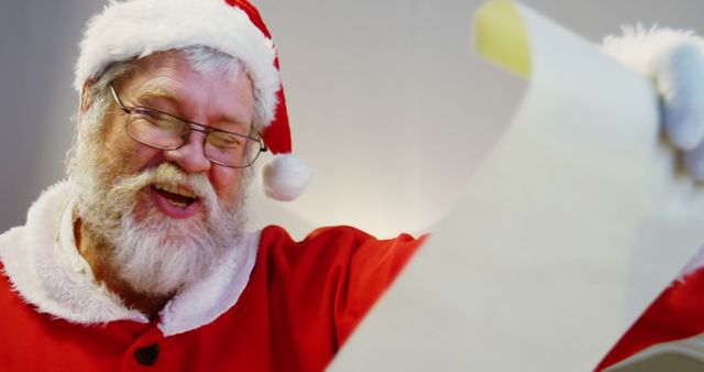A Caucasian senior man dressed as Santa Claus is joyfully reading a list, with copy space. His cheerful expression suggests he might be going through children's Christmas wishes.