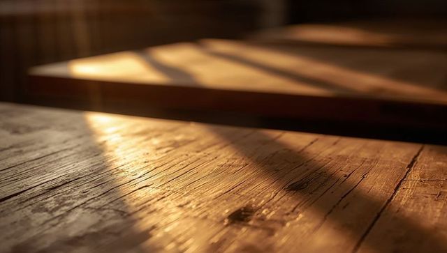 Sunlight casting warm glow on weathered wooden tabletop highlighting grain and knots
