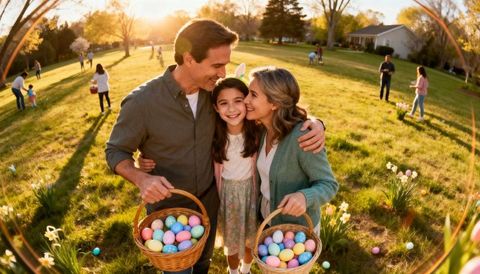 Family celebrating easter egg hunt in park during golden hour with pastel baskets