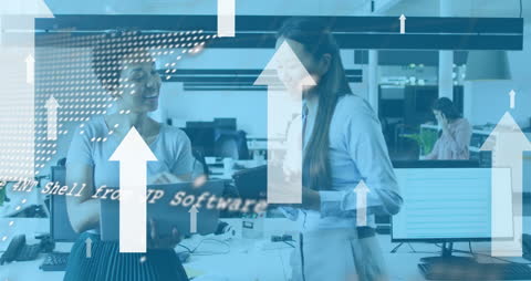 Diverse Businesswomen Collaborating in Modern Office with Digital Overlay