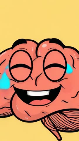 Vertical animation cartoon brain smiling while shedding blue tears on yellow backdrop