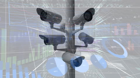 Multiple Security Cameras Analyzing Digital Data and Graphics
