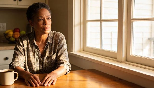 Senior woman gazing through kitchen window in warm morning light, contemplative mood