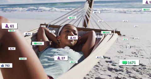 Relaxing woman in hammock on sunny beach with social media engagement icons overlay