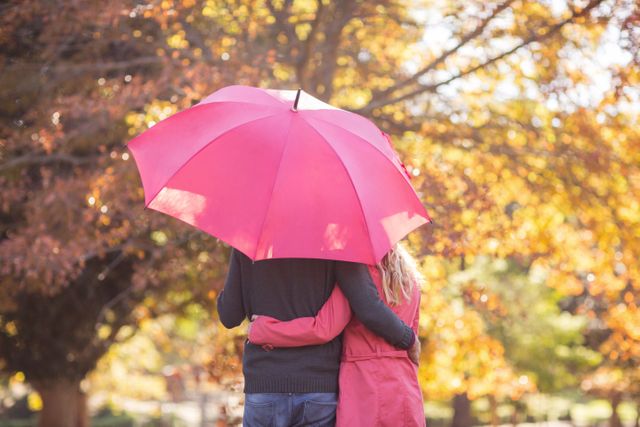 Rear view of couple embracing while holding umbrella at park