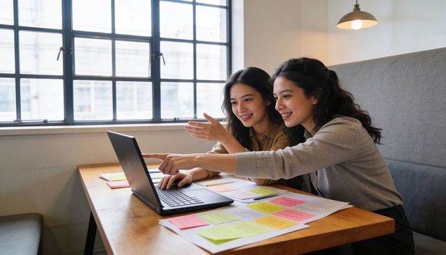 Two women collaborating over laptop with colorful sticky notes in sunlit cafe booth
