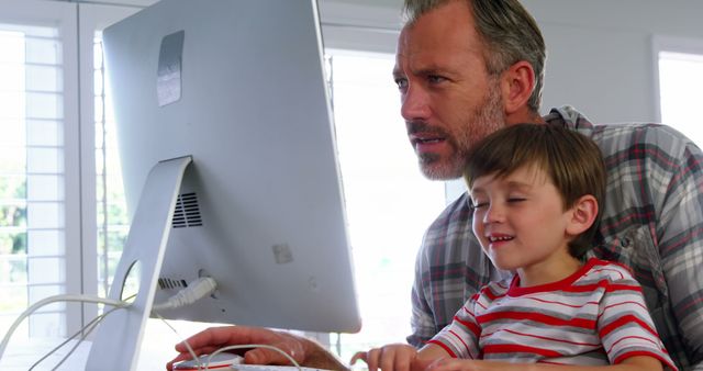 Father and son using desktop pc at home
