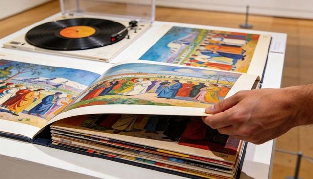 Hand turning page in art book revealing vinyl records and turntable on gallery pedestal