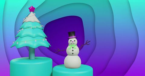 Illustrated Christmas tree and snowman set against abstract blue and purple gradient backdrop. Snowman wears hat and scarf, while Christmas tree adorned with lights features a star topper. Perfect for holiday greeting cards, festive advertisement, seasonal invitations, and social media designs showcasing cheerful holiday vibes.