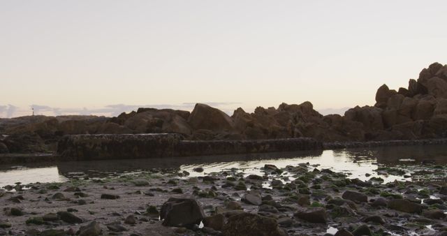 Rocky terrain and tide pools are visible at low tide, with a tranquil ocean and horizon in the background. The serene landscape captures the natural beauty of a coastal environment at dusk.