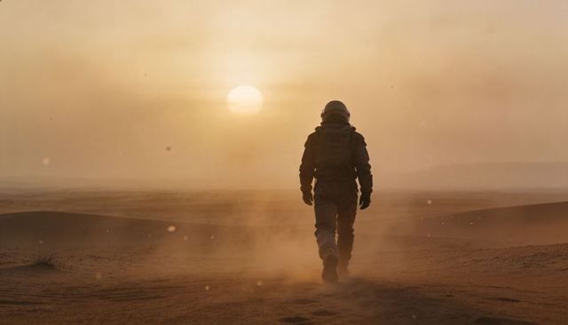 Lone astronaut walking through sunlit desert dunes at sunset cinematic sci-fi exploration