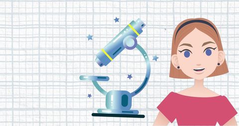 Woman discussing science with microscope icon