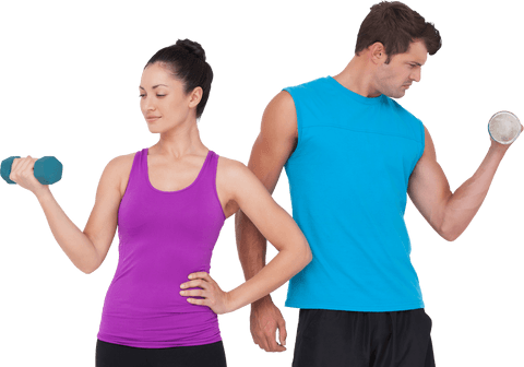 Transparent fit couple exercising with dumbbells on background