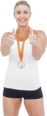 Female Athlete Smiling with Medal and Giving Thumbs Up on Transparent Background