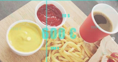Displaying Crispy Fries with Ketchup, Mustard and Coffee on Wood Board with Teal Overlay