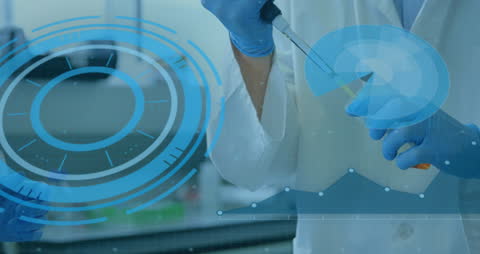 Caucasian Scientists Conducting Research with High-Tech Data Interface