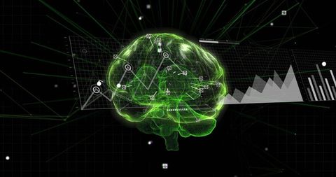 Neon Green Holographic Brain Visualizing Neural Network Data, Analytics HUD and Cyber Mesh