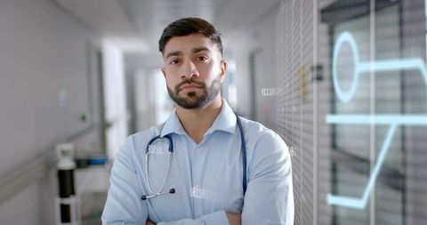 Confident Doctor Embracing Modern Technology in Hospital