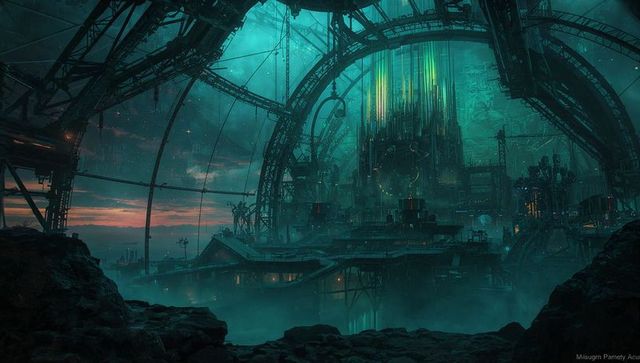 Glowing Monolithic Reactor Looming within Arched Industrial Dome Teal Mist and Catwalks