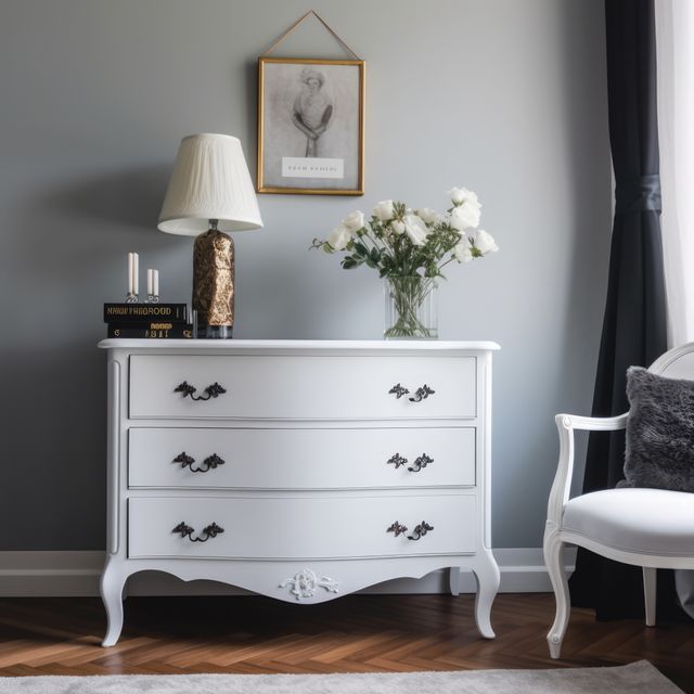 Beautifully decorated chest of drawers in a stylish interior. White furniture and wall art add a touch of elegance and sophistication. Ideal for articles on home decoration, interior design inspiration, or furniture advertising.