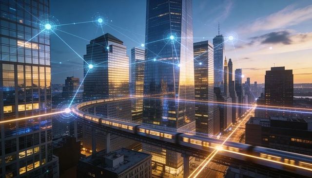 Racing Elevated Train Through Futuristic Downtown Network Connecting Smart City Skyline