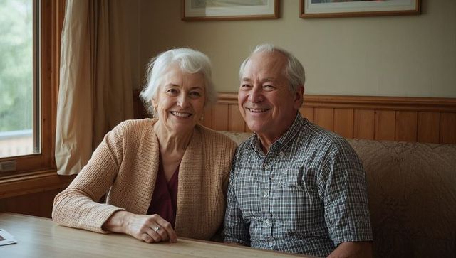 Smiling senior couple enjoying cozy home dining nook, retired companionship and comfort