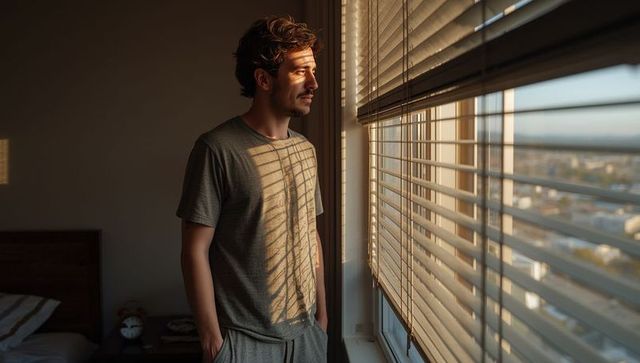 Man gazy through window blinds in peaceful bedroom setting