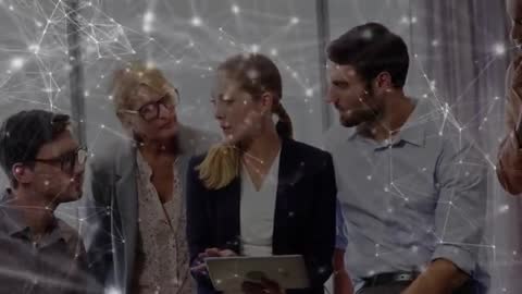 Innovative Business Team Collaborates with Futuristic Networking Overlay