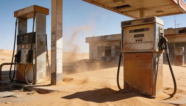 Rusted gas pumps standing in windblown desert forecourt with swirling sand and corroded nozzles