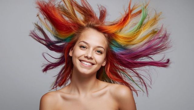 Joyful woman with vibrant rainbow hair against grey background