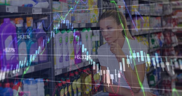 Image depicts a woman in front of supermarket shelves, analyzing stock market data overlaid on the scene. Useful for illustrating concepts like consumer behavior, financial decision-making, or market research in a retail context.