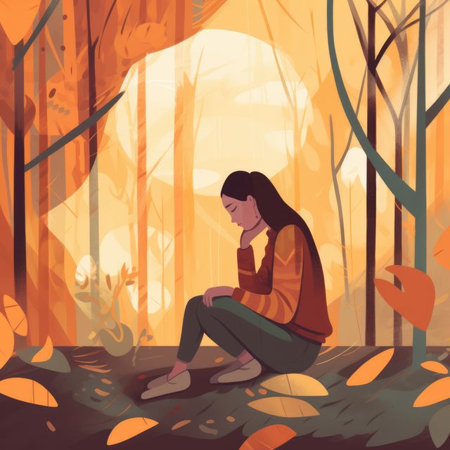 Asian sad woman sitting in forest with fall leaves, created using generative ai technology. Mental, health, brain, digitally generated image.