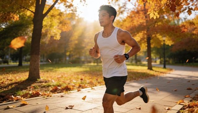 Running asian man jogging through autumn park with falling leaves at golden hour
