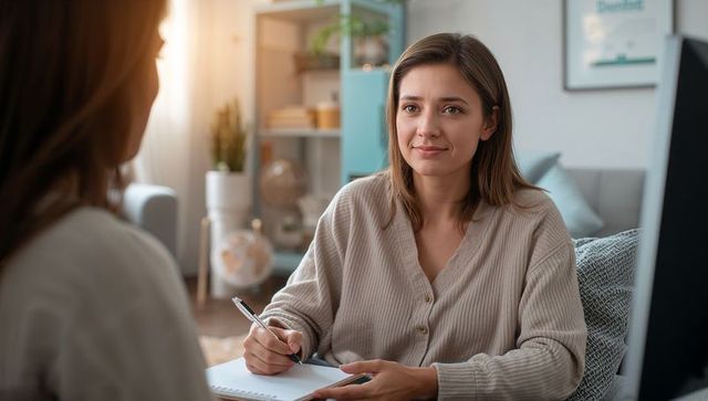 Female counselor taking notes during therapy session in cozy home office, attentive