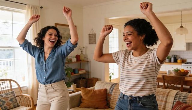 Two friends dancing and laughing in sunlit cozy living room raising arms