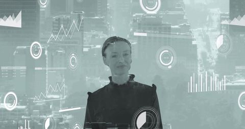 Businesswoman Analyzing Digital Data Visualization in Urban Ambiance