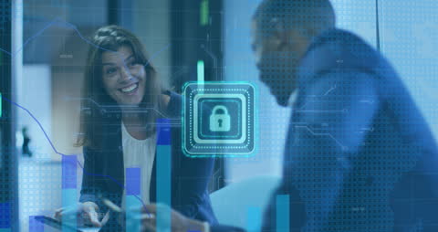 Business Meeting with Digital Padlock Overlay Symbolizing Data Security
