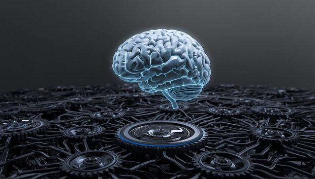 Futuristic transparent brain hovering over mechanical gears