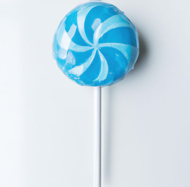 Close up of round blue and white lollipop on white background. Candy, sweets, food and drink concept.