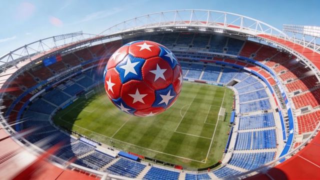 Hovering red blue soccer ball with white stars above empty stadium aerial view vibrant sports