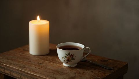 Glowing candle warming vintage porcelain teacup on rustic wooden table, cozy still life
