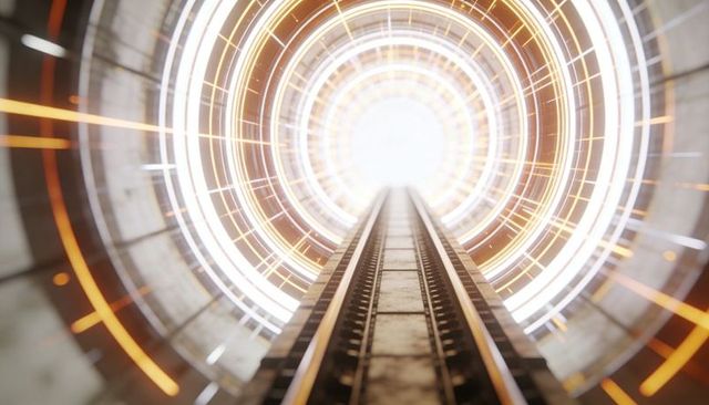 Futuristic glowing tunnel with rising metal guide rails and circular light rings