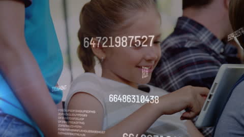 Smiling Girl Interacting with Digital Tablet and Floating Numbers