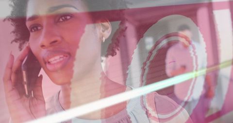 Businesswoman Engaging in Digital Communication with Data Overlay