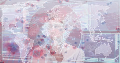 Businessman with Digital Interface Overlay on World Map Background